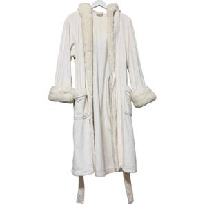 Pottery Barn Bath Robe Womens Large Ivory Cream Faux Fur Luxurious Soft Lounge